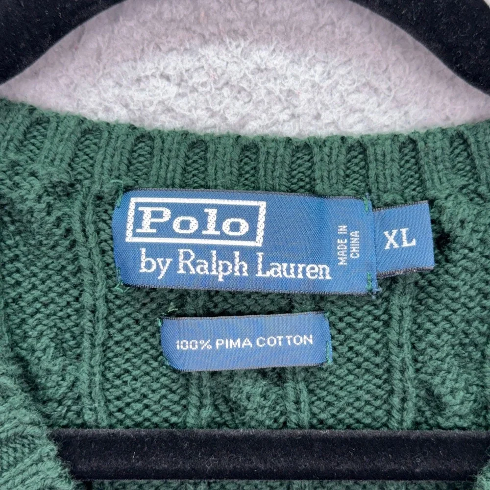 VTG Polo Ralph Lauren Sweater Vest Mens XL Green Pima Cotton Cable Knit V-Neck